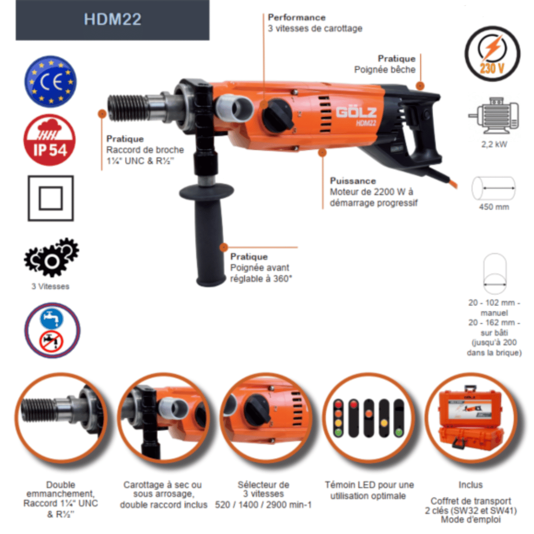 Carotteuse portable GÖLZ HDM22 – 2200 W – Ø 20 à 200 mm – 3 vitesses – Image 2